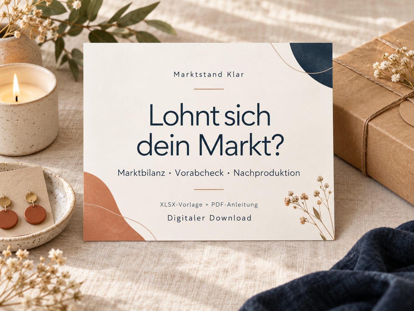 Produktillustration von Marktstand Klar mit einer Tabellenübersicht und handgefertigten Produkten auf einem Markttisch